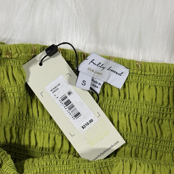 Never Fully Dressed Women's Size Small Green Gold Smocked Jojo Midi Dress - Picture 8 of 13